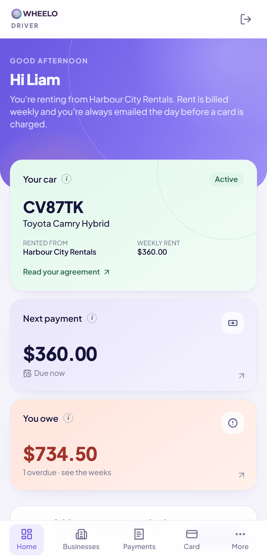 The driver's home screen: their car, their next payment and what they owe.